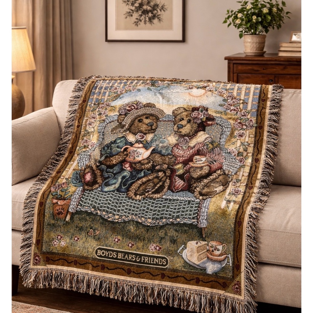 NWT Boyd’s Bears and Friends 1996 Tea Party Tapestry Throw Blanket -